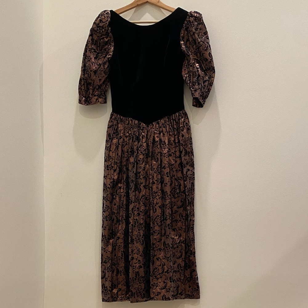 80s Vintage Dress with Velvet Bodice and Intricate Velvet Details